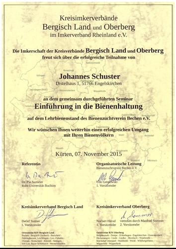 2015.11.07. Urkunde -Teilnahme Einführungskurs-Bienenhaltung- Aumeier-Liebig